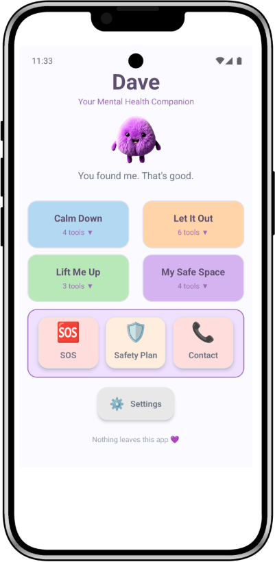Dave app home screen showing Calm Down, Let It Out, Lift Me Up, My Safe Space, SOS and Safety Plan tools