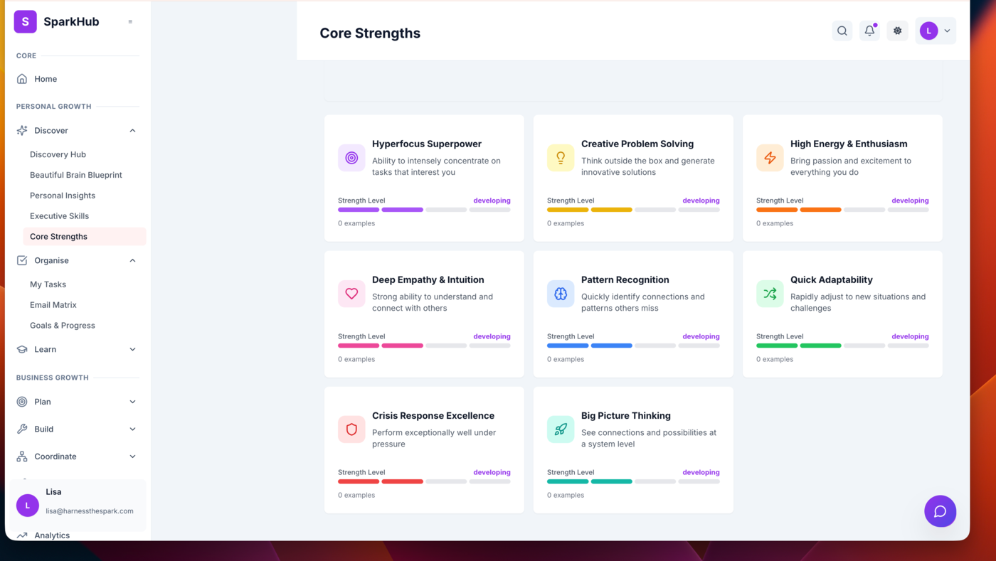 SparkHub Core Strengths screen mapping neurodivergent strengths like hyperfocus, pattern recognition and big-picture thinking
